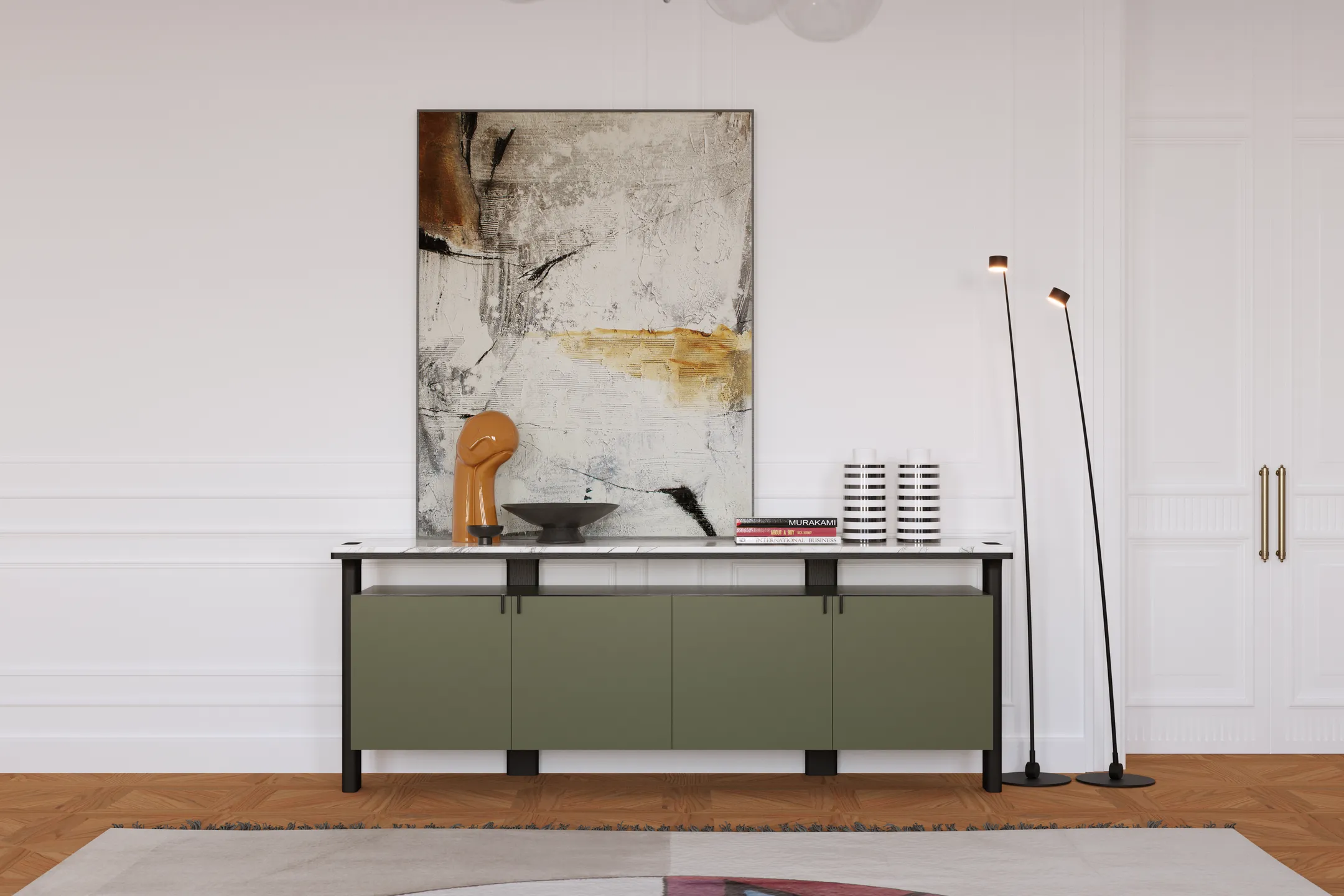 A photo of an olive drab wooden sideboard with white marble surface and black furniture