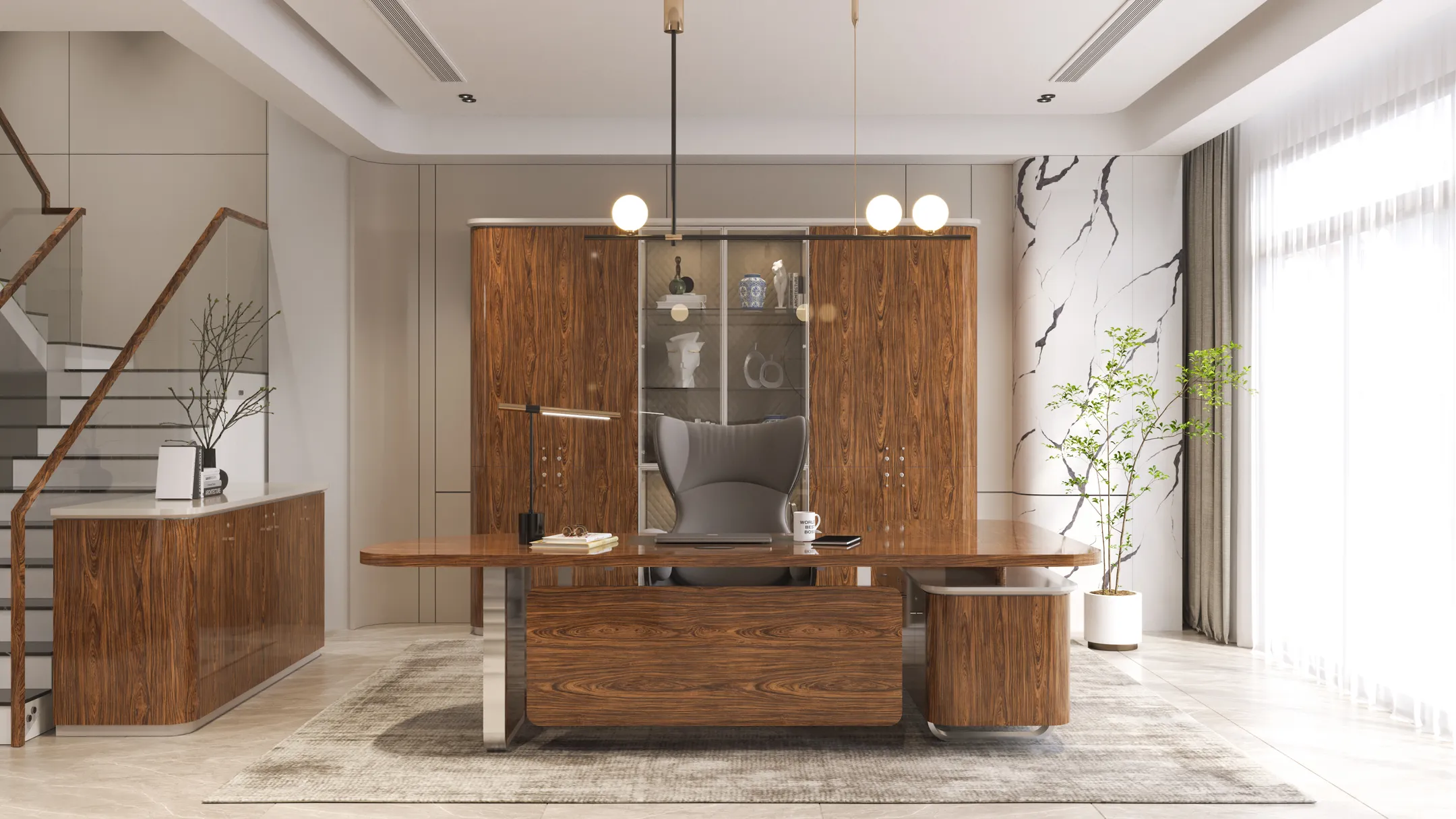 A picture of a warm wooden office, with a large display cabinet behind the chair