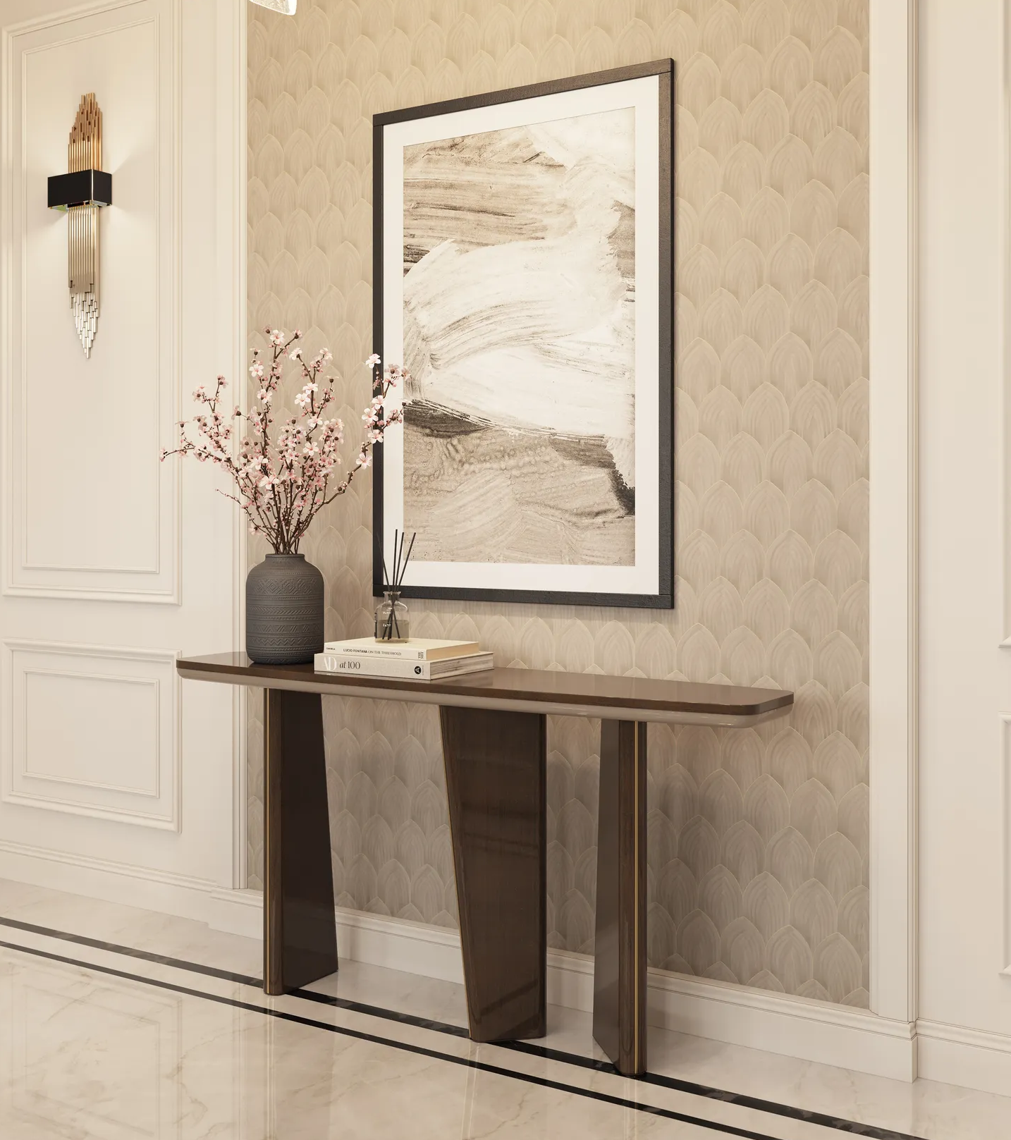 A dark wooden sideboard in a hallway, with the necessities of daily life on it